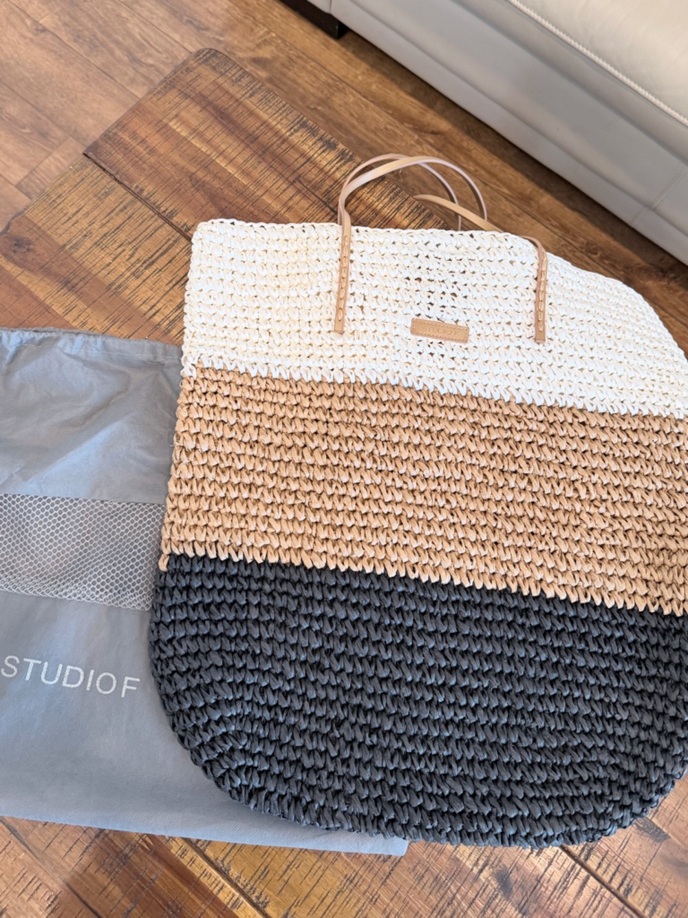 Studio F Cream and Tan Woven Tote with Leather Tag